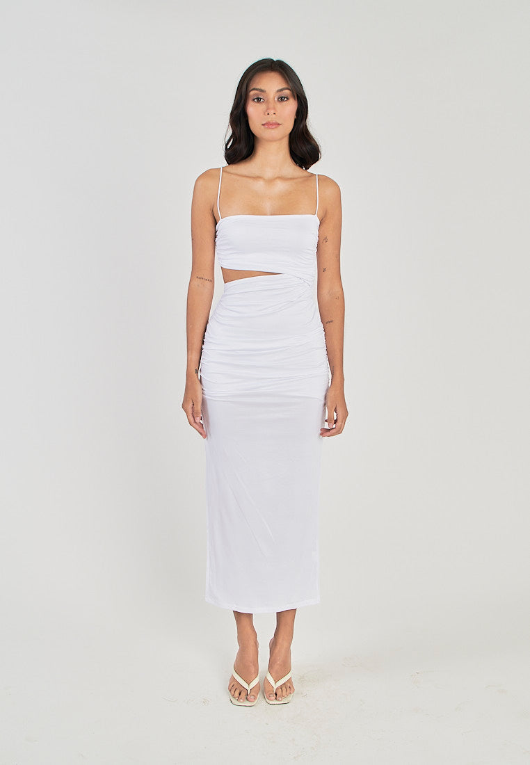 Perri White Asymmetrical neckline Single Waist Cut Bodycon Sleeveless Midi dress