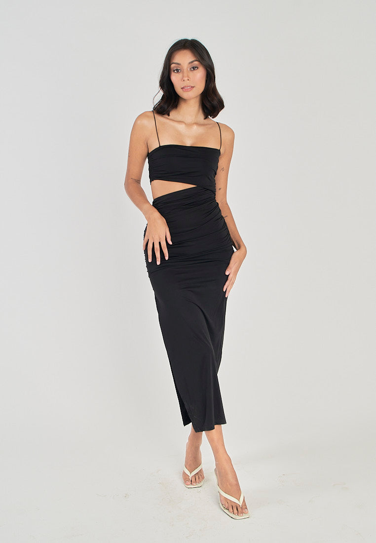 Perri Black Asymmetrical Neckline Single Waist Cut Bodycon Sleeveless Midi dress