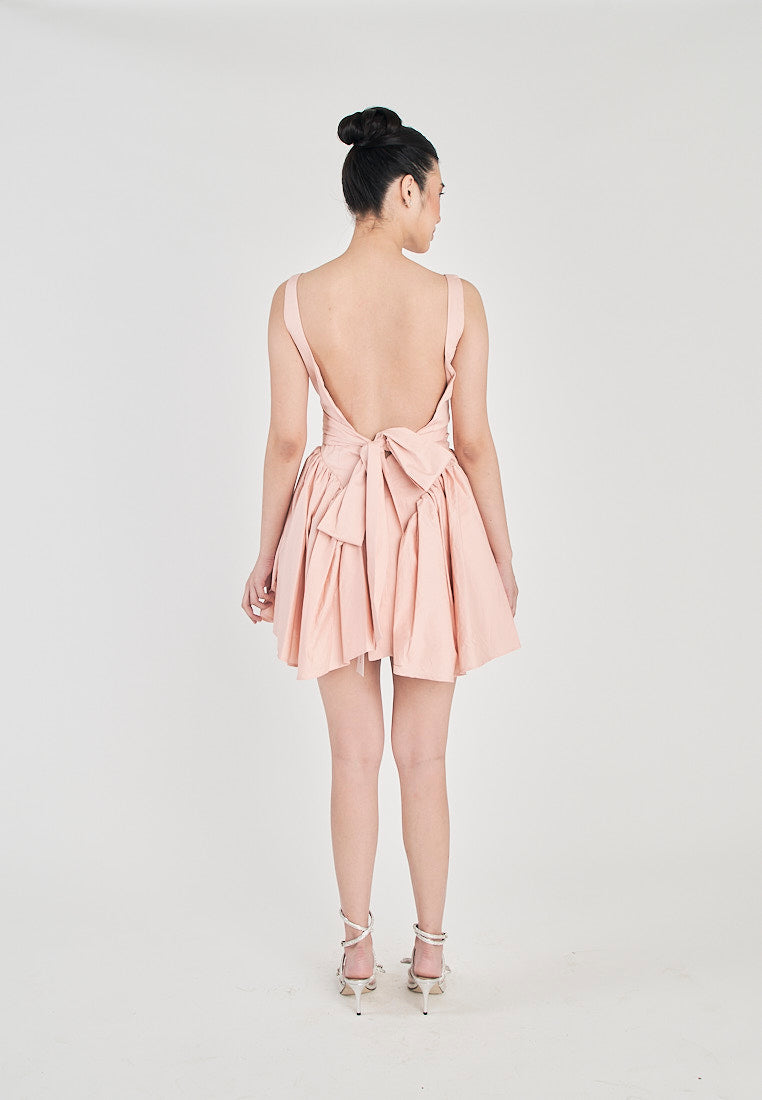 Kiehl Pink Square Neckline Pleated Skirt Big Bow Sexy Back Detail Mini Dress