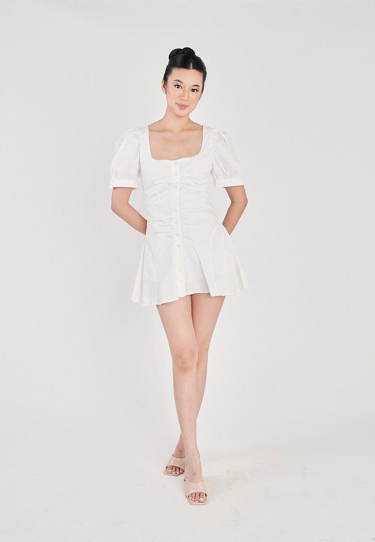 Roche White Square Neck Buttons Up Front Pleated Short Sleeves Mini Dress