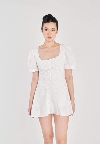 Roche White Square Neck Buttons Up Front Pleated Short Sleeves Mini Dress