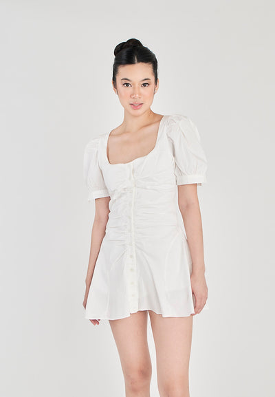 Roche White Square Neck Buttons Up Front Pleated Short Sleeves Mini Dress