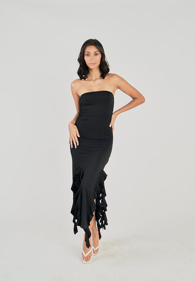 Reverie Black Ruffle Hem Tube Midi Dress