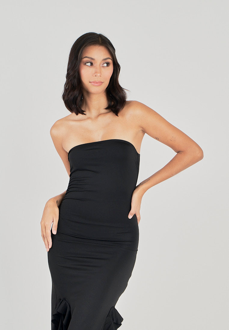 Reverie Black Ruffle Hem Tube Midi Dress