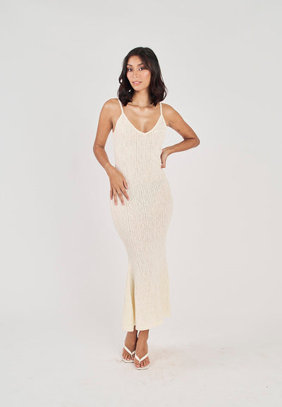 Leica Beige Knitted Eyelet V Neck Sleeveless Mermaid Midi Dress