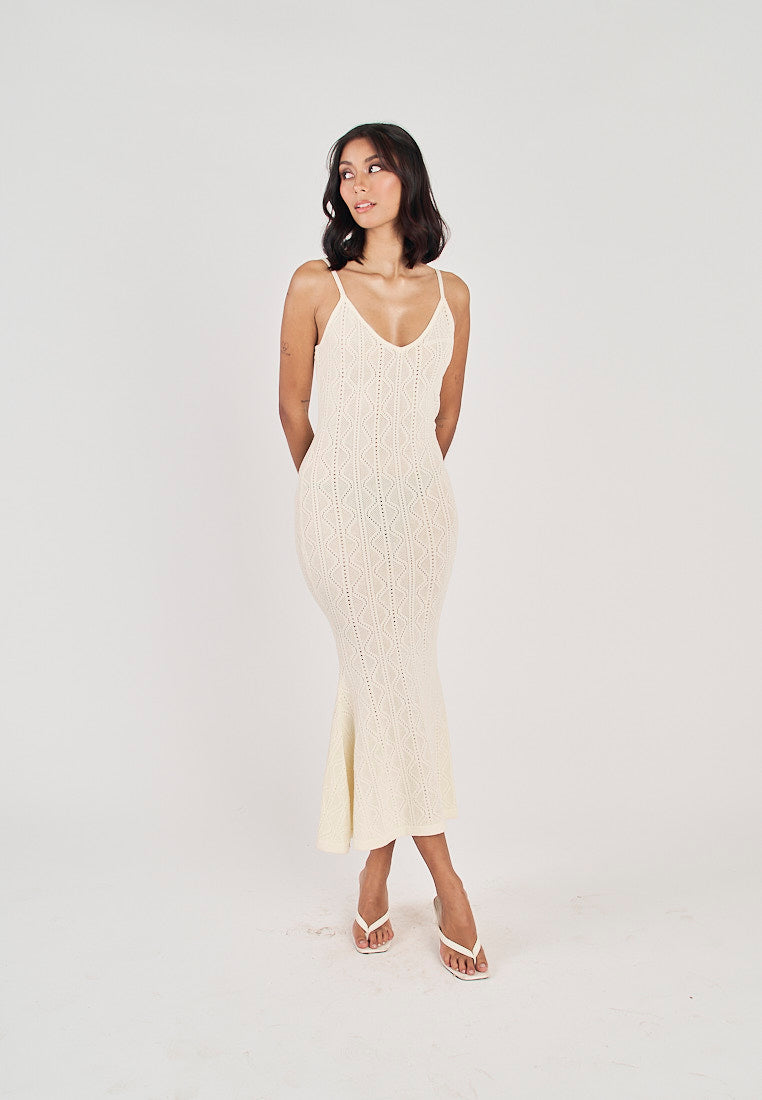 Leica Beige Knitted Eyelet V Neck Sleeveless Mermaid Midi Dress