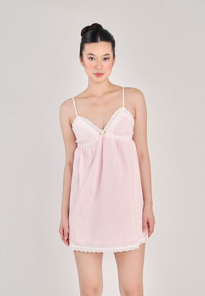 Sofithia Pastel Pink Lace V Neckline Adjustable Strap Sleeveless Mini Dress