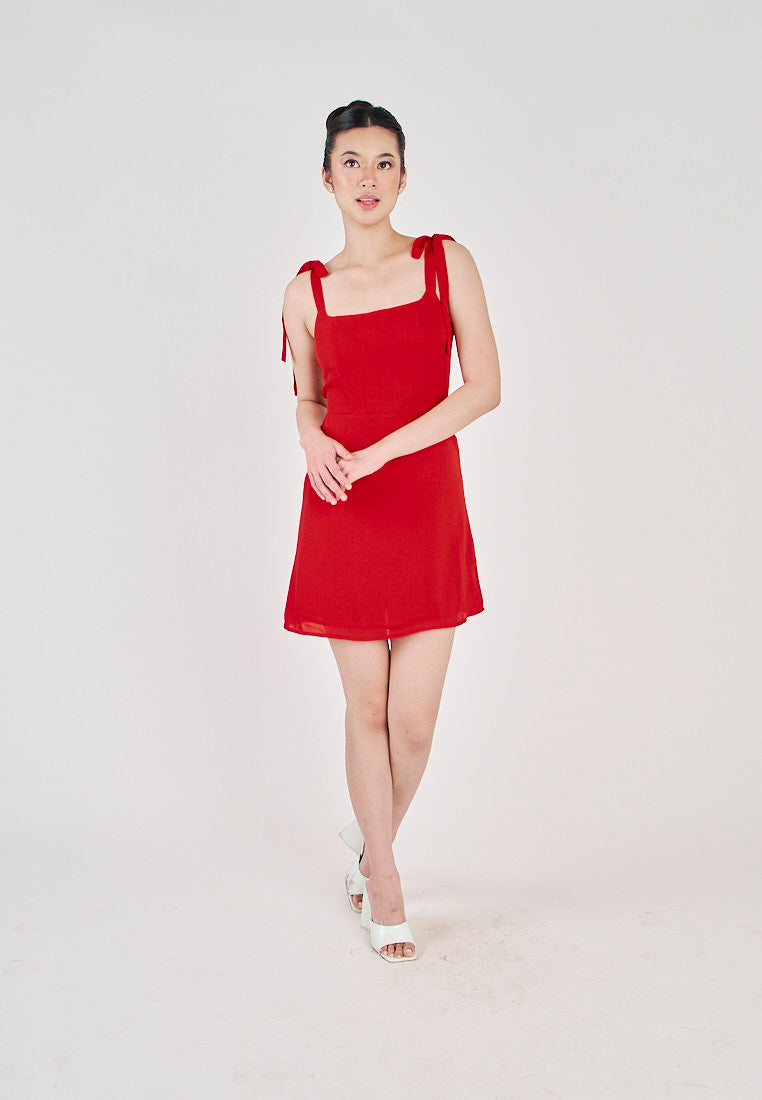 Creselda Red Square Neckline Self Tie Mini Dress