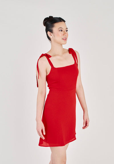 Creselda Red Square Neckline Self Tie Mini Dress