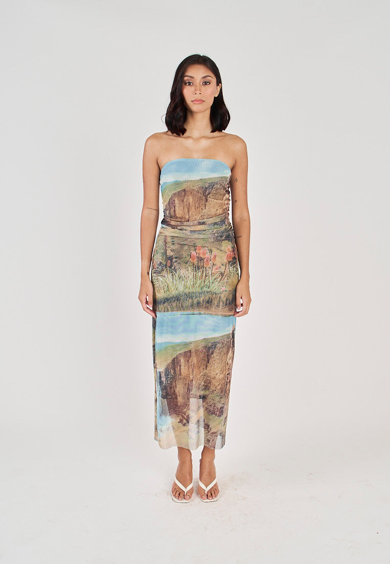 (PRE-ORDER: ETA November 10 ) Elba Green with Blue Falls Print Mesh Ruched Sides Tube Midi Dress