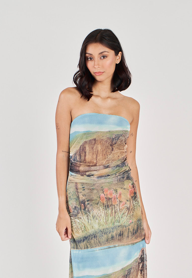 (PRE-ORDER: ETA November 10 ) Elba Green with Blue Falls Print Mesh Ruched Sides Tube Midi Dress