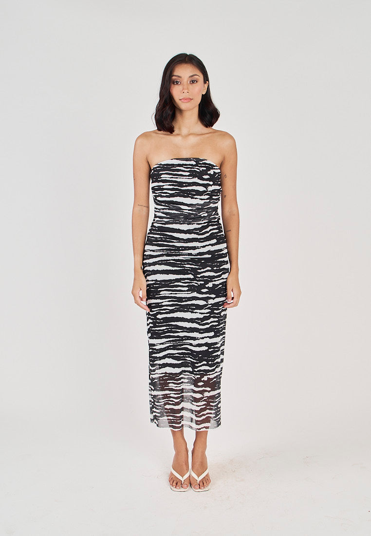 Rhae Black and White Animal Print Ruched Sides Mesh Tube Midi Dress