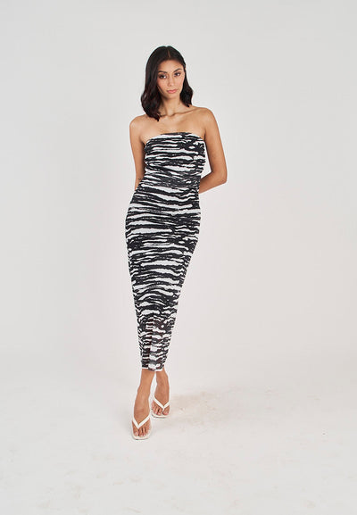 Rhae Black and White Animal Print Ruched Sides Mesh Tube Midi Dress