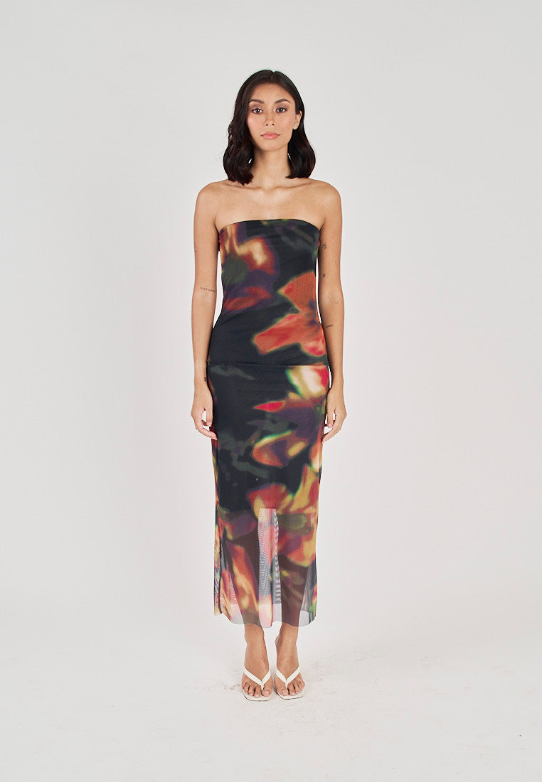 Colleen Black with Orange Floral Print Mesh Tube Midi Dress