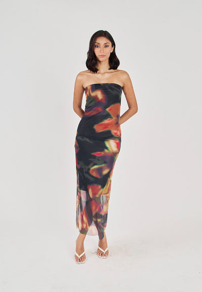 Colleen Black with Orange Floral Print Mesh Tube Midi Dress