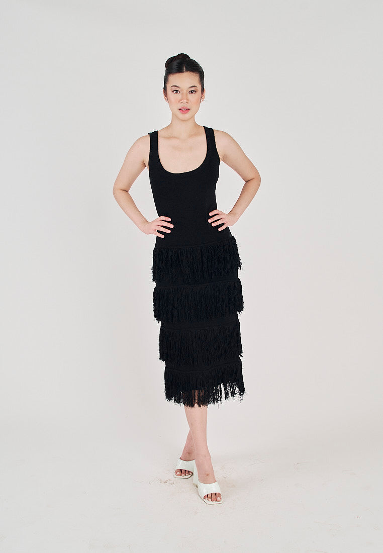 Rowella Black Round Neck Layer Fringe Knitted Top Sleeveless Midi Dress