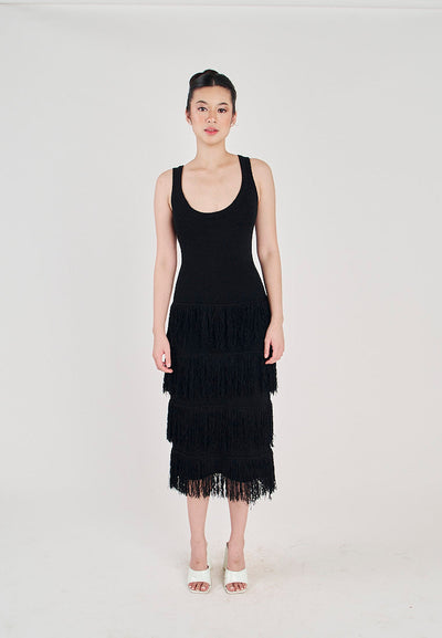 Rowella Black Round Neck Layer Fringe Knitted Top Sleeveless Midi Dress