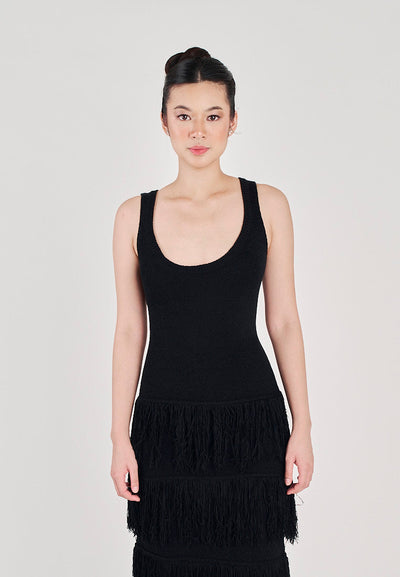 Rowella Black Round Neck Layer Fringe Knitted Top Sleeveless Midi Dress