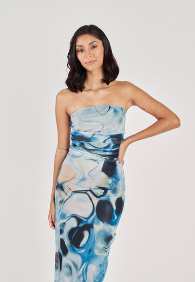 Elba Blue with Black Abstract Print Pleated Sides Mesh Tube Midi Dress