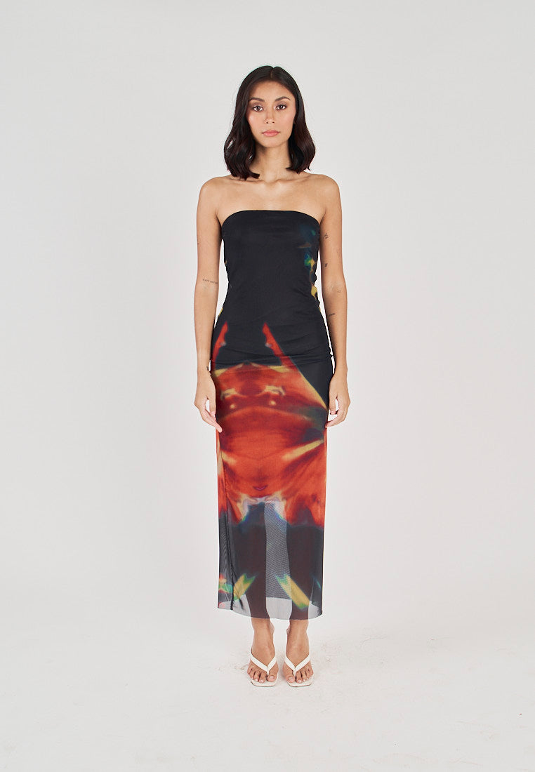 Colleen Black and Red Abstract Print Mesh Tube Midi Dress