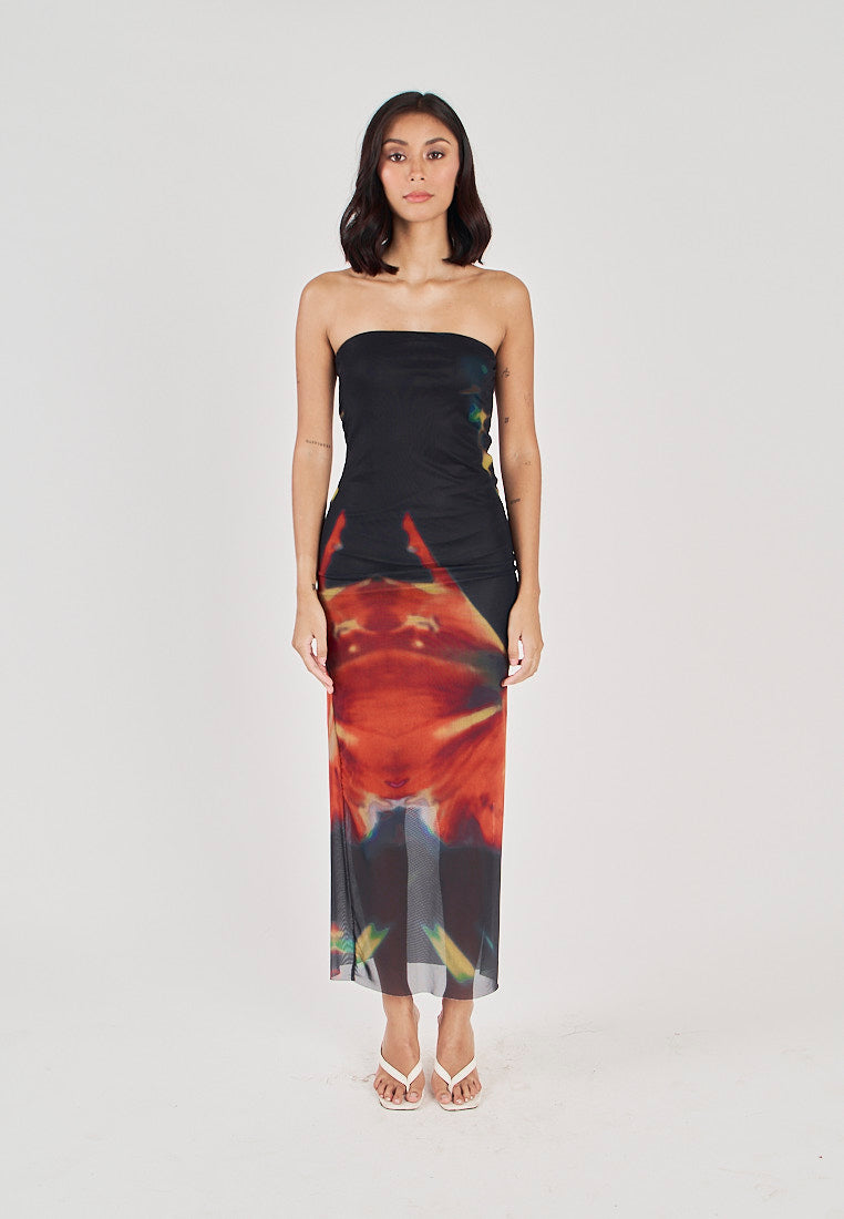 Colleen Black and Red Abstract Print Mesh Tube Midi Dress