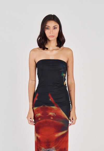 Colleen Black and Red Abstract Print Mesh Tube Midi Dress