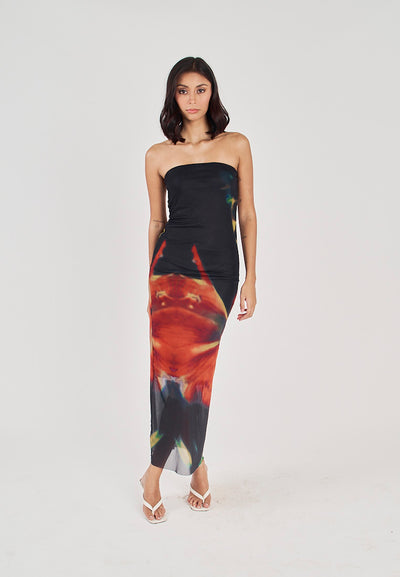 Colleen Black and Red Abstract Print Mesh Tube Midi Dress