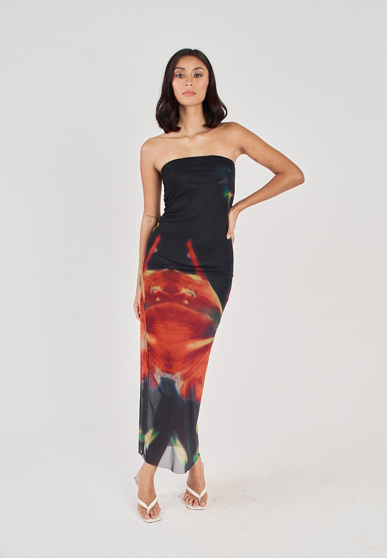 Colleen Black and Red Abstract Print Mesh Tube Midi Dress