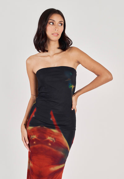 Colleen Black and Red Abstract Print Mesh Tube Midi Dress