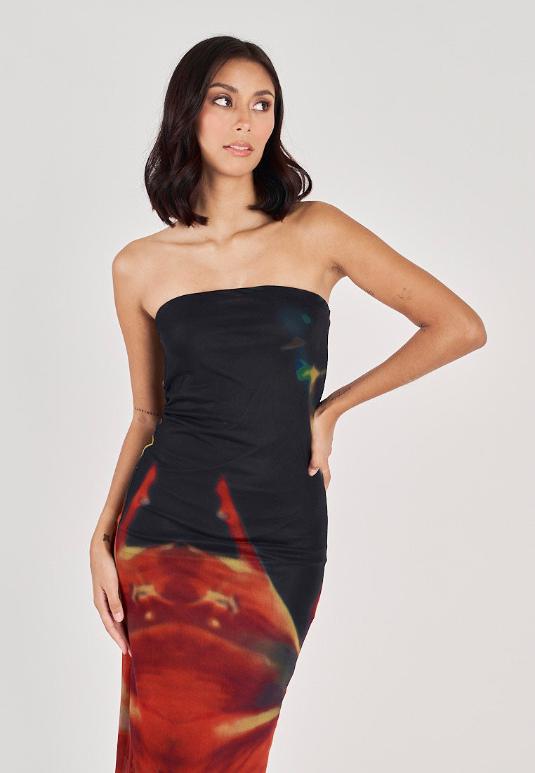 Colleen Black and Red Abstract Print Mesh Tube Midi Dress