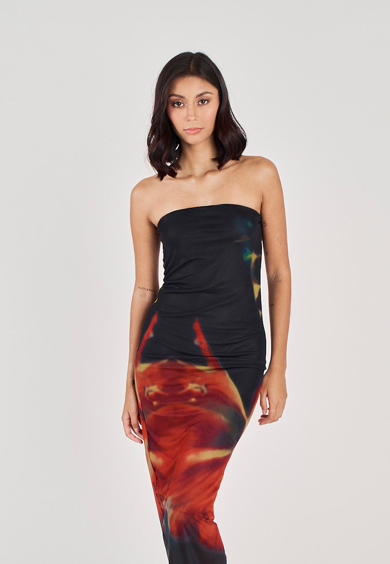 Colleen Black and Red Abstract Print Mesh Tube Midi Dress