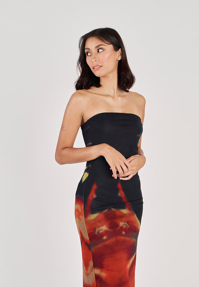 Colleen Black and Red Abstract Print Mesh Tube Midi Dress