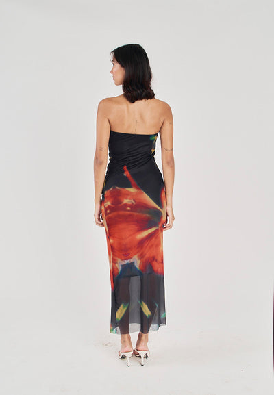 Colleen Black and Red Abstract Print Mesh Tube Midi Dress