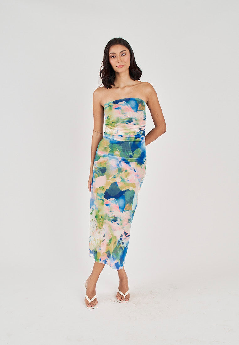 Elba Blue with Green Abstract Print Pleated Sides Mesh Tube Midi Dress