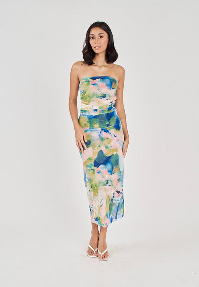 Elba Blue with Green Abstract Print Pleated Sides Mesh Tube Midi Dress