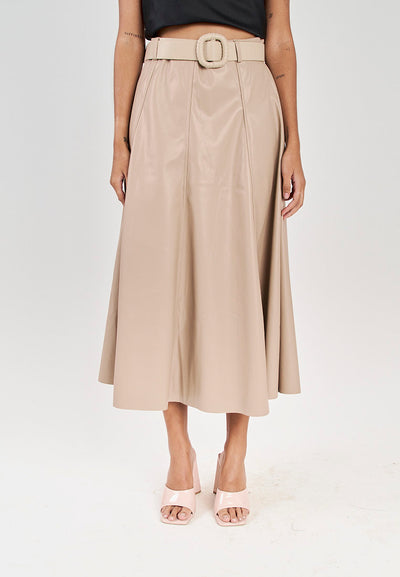 Pummy Beige Zipper Fly Leather Flare Midi Skirt with Belt