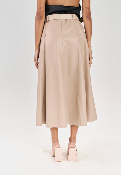 Pummy Beige Zipper Fly Leather Flare Midi Skirt with Belt