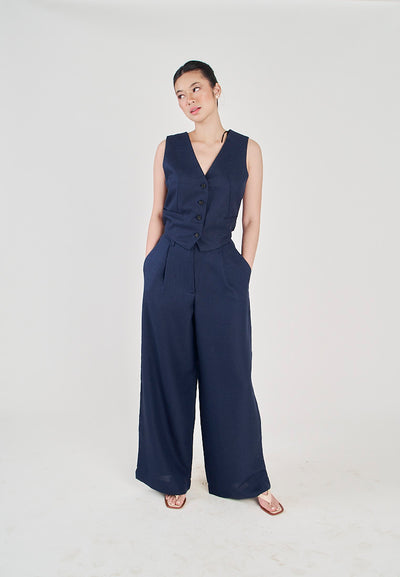 Kira Navy Blue Zipper Fly Pleated Wide Leg Trouser with Side Pockets