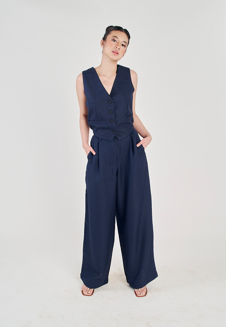 Kira Navy Blue Zipper Fly Pleated Wide Leg Trouser with Side Pockets