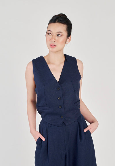 Kara Navy Blue V Neck Buttons Up Criss Cross Sexy Back Waistcoat Vest Top