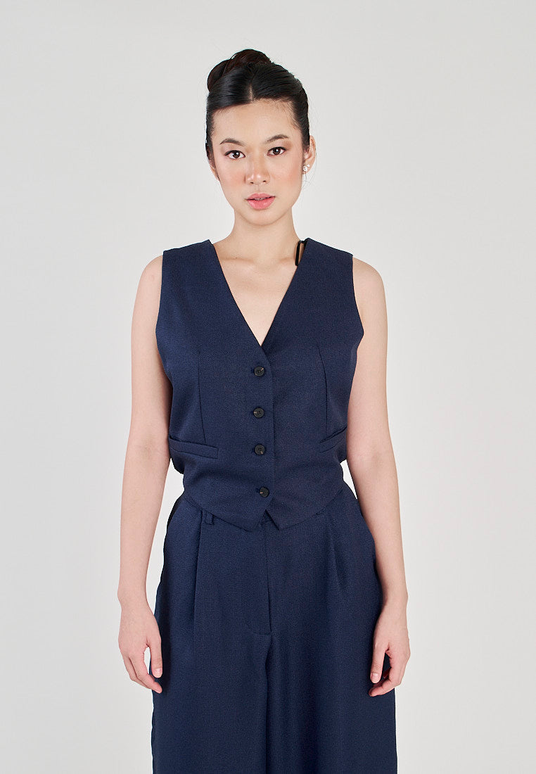 Kara Navy Blue V Neck Buttons Up Criss Cross Sexy Back Waistcoat Vest Top