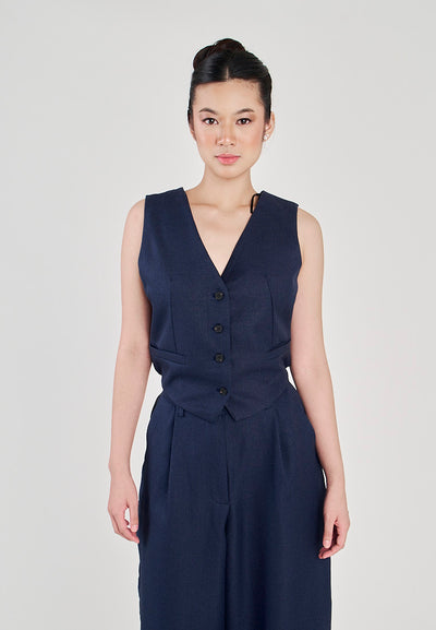 Kara Navy Blue V Neck Buttons Up Criss Cross Sexy Back Waistcoat Vest Top