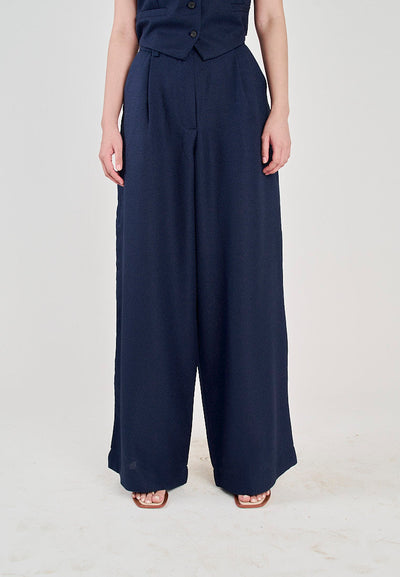 Kira Navy Blue Zipper Fly Pleated Wide Leg Trouser with Side Pockets