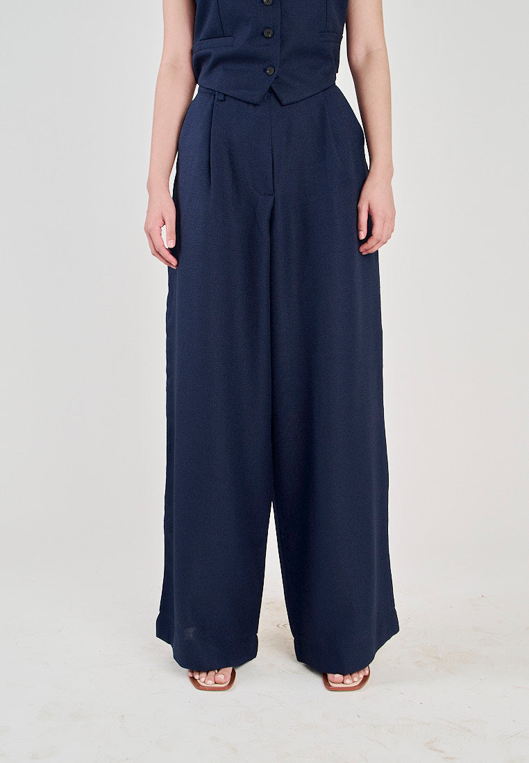 Kira Navy Blue Zipper Fly Pleated Wide Leg Trouser with Side Pockets