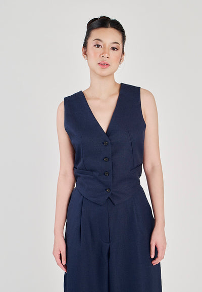 Kara Navy Blue V Neck Buttons Up Criss Cross Sexy Back Waistcoat Vest Top