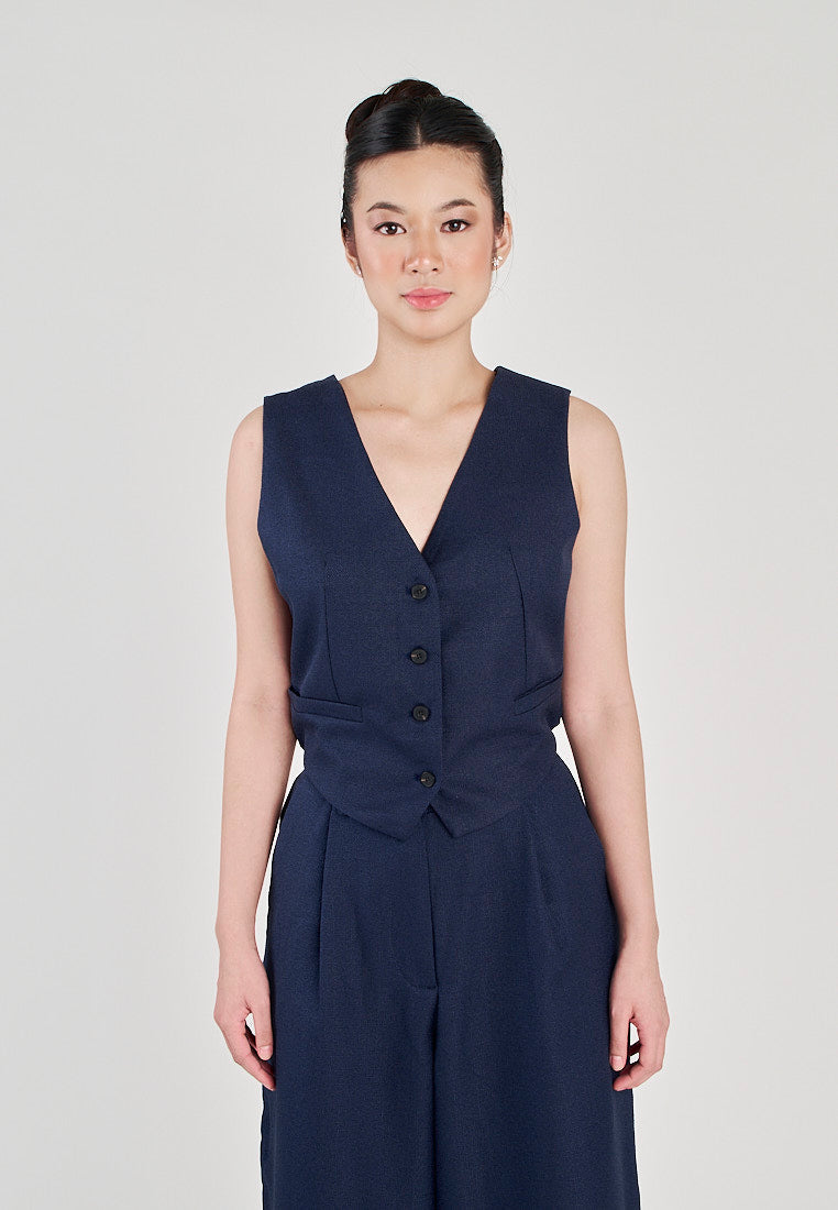 Kara Navy Blue V Neck Buttons Up Criss Cross Sexy Back Waistcoat Vest Top