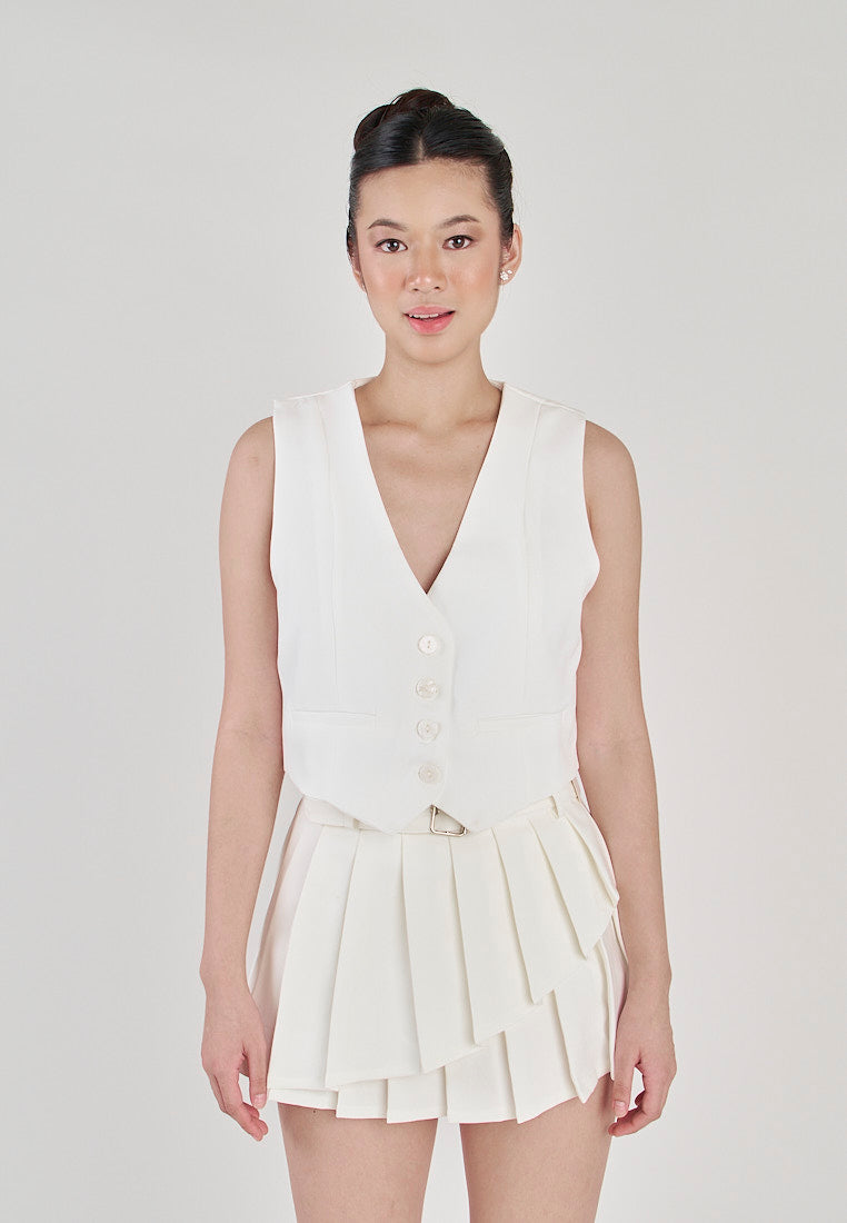 Jada White V Neck Waistcoat Button Sleeveless Vest Top