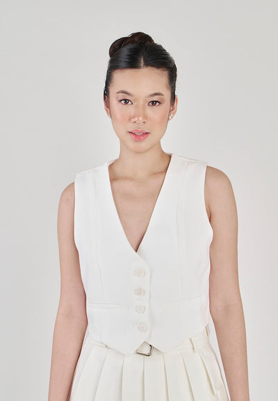 Jada White V Neck Waistcoat Button Sleeveless Vest Top