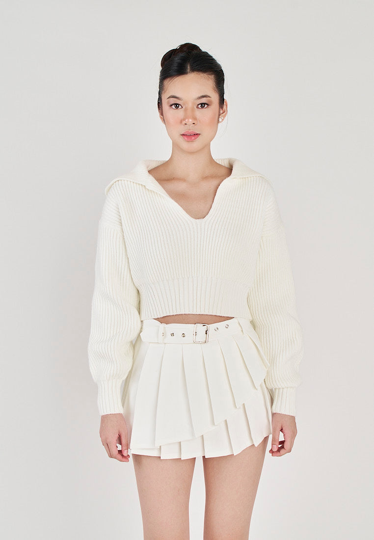 Charlie White Knitted V Neck Collar Long Sleeves Sweater Top