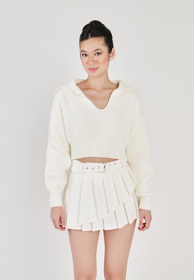 Charlie White Knitted V Neck Collar Long Sleeves Sweater Top